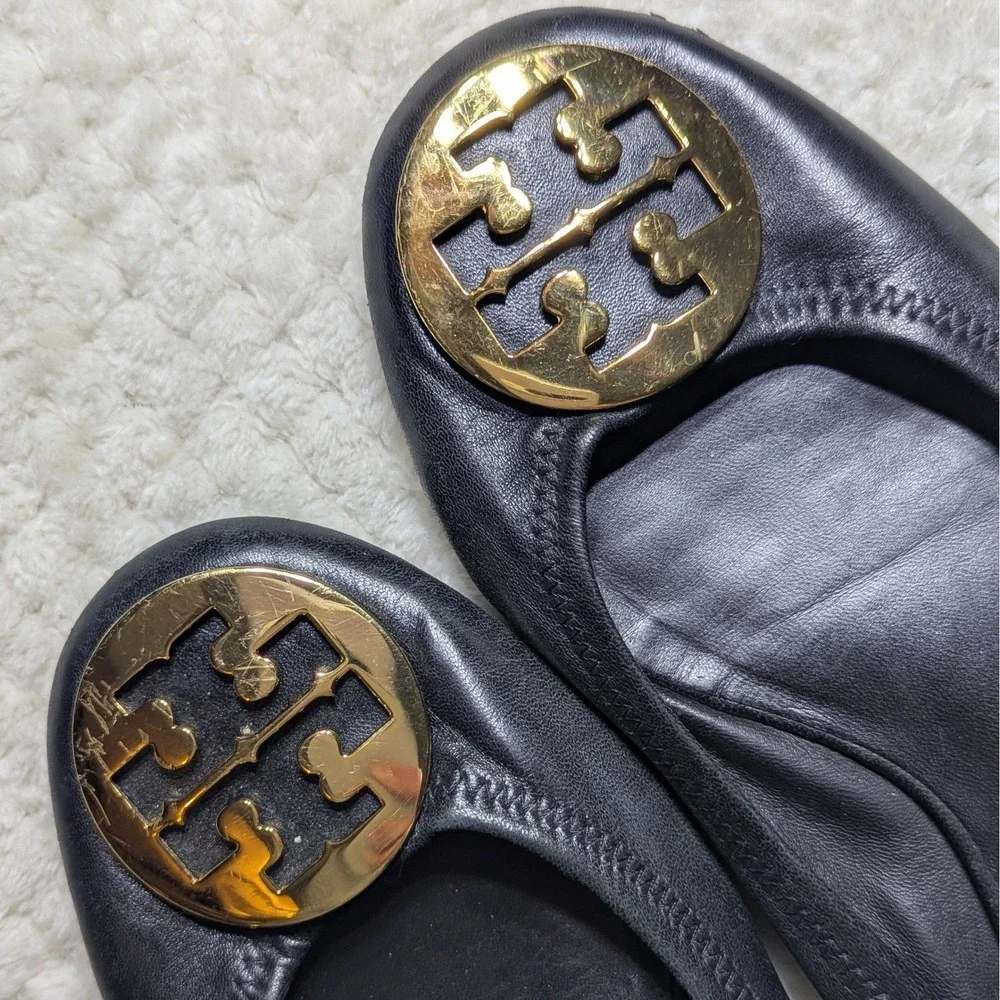 Tory Burch Minnie Travel Ballet Flats Black Nappa Leather Gold Logo Quiet Luxury